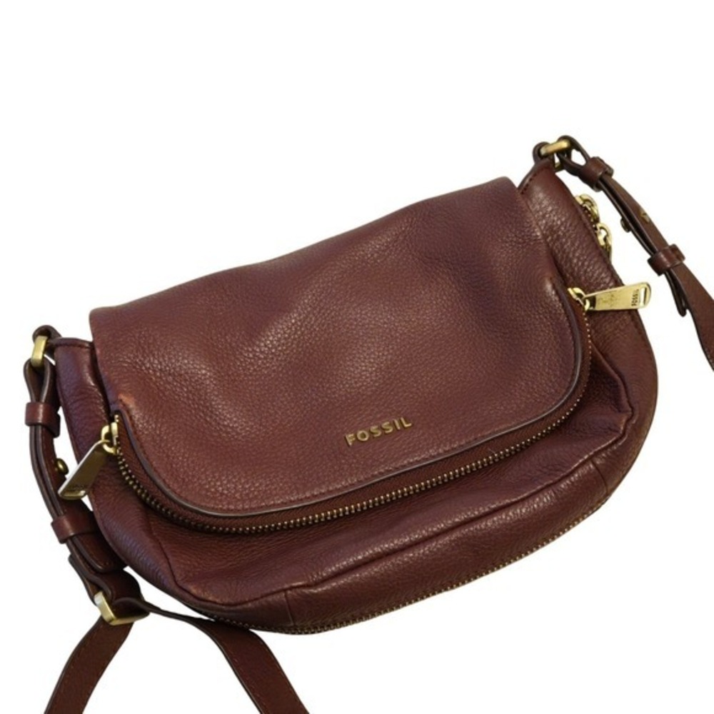 Fossil Preston Crossbody‎ Bag Maroon Leather Flap Oxblood Gold Tone